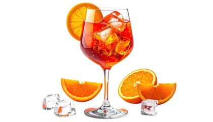 Aperol spritz drink with ice, garnished with orange slice
