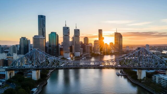 Brisbane city skyline and story bridge at sunset