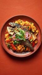 Benachin, rice with mixed vegetables and grilled fish, dish from Gambia on red background, minimalist food photo, template for social media, digital ads, web banners, mobile wallpapers, greeting card
