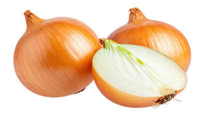 Three onions, two whole, one halved, against a dark background