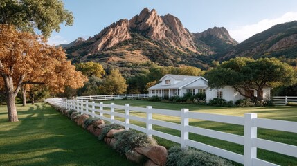 Idyllic White Farmhouse Nestled Against Rugged Mountain Landscape With Lush Green Grass And A White Picket Fence Under Bright Sunlight