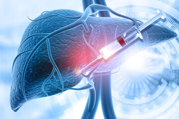 Human liver anatomy with medicine injection. 3d illustration