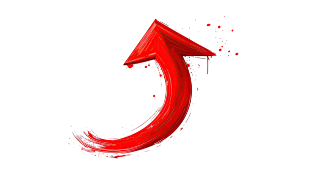 Stylized upward-curving red arrow, paint-stroke texture, black background