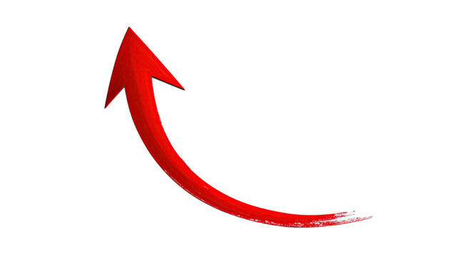 Red painted arrow curves upwards on black background