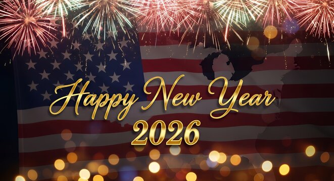 Happy new year celebration with american flag and fireworks for year two