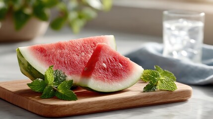 Juicy Red Watermelon Slices With Fresh Mint Leaves And A Tall Glass Of Ice Water In Soft Natural Sunlight On A Wooden Cutting Board