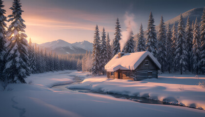 Snowy Cabin in Winter Forest at Sunset