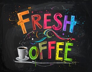 Vibrant chalkboard art of "FRESH COFFEE