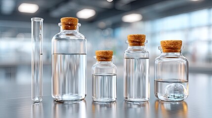 Laboratory glass vials and test tubes filled with clear liquid stand on a reflective surface in a modern research facility with blurred background and bright overhead lighting