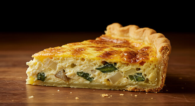 Indulge in a delightful slice of savory quiche with spinach and onions, perfect for brunch or a light meal, showcasing rustic charm and culinary artistry