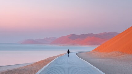 Lone Traveler Walks on White Path Beside Calm Water and Warm Desert Hills During Soft Pink Sunset Sky