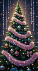 Joyful, festive christmas tree decoration with pink garland, magical ornament, and cascading holiday light