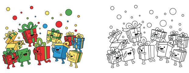 Lively Cartoon Gift Boxes Celebrating with Confetti - Cute and Colorful Presents with Happy Faces for Parties, Birthdays, and Festive Events