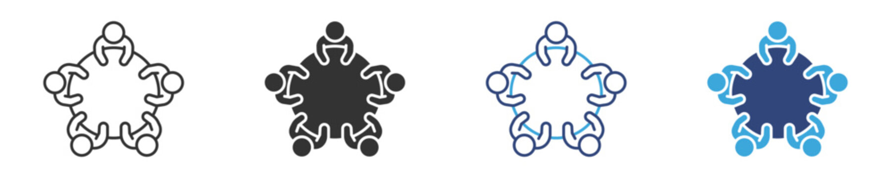 Meeting collaboration icon set. , Top view of five people sitting around round table in negotiation meeting icon, vector illustration . 