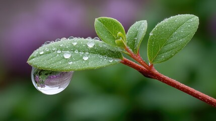 Macro Close up of a Single Clear Water Droplet on a Vibrant Green Leaf with a Shallow Depth of Field and Soft Bokeh Background