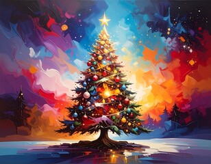 Vibrant Christmas tree amidst a colorful, abstract sky