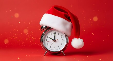 Christmas Countdown - Alarm Clock with Santa Hat on Red Background.