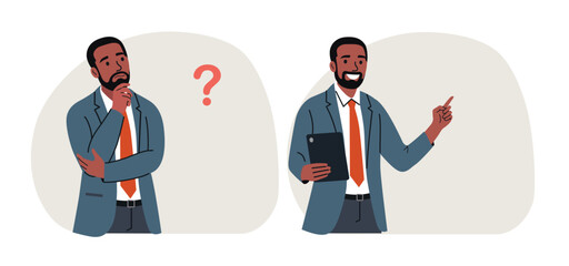 Young businessman thought about it and came up with an idea. Flat style cartoon vector illustration.