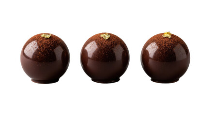 Three premium dark chocolate truffles, rich dark brown with glossy finish, cocoa dust, gold leaf, arranged on a transparent background with soft studio light, concept of luxury confectionery