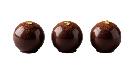 Three premium dark chocolate truffles, rich dark brown with glossy finish, cocoa dust, gold leaf, arranged on a transparent background with soft studio light, concept of luxury confectionery