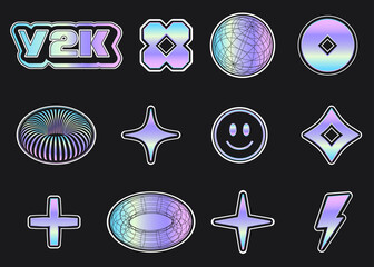 Collection of Y2K gradient stickers with stars lightning and holographic icons in isometric cartoon style