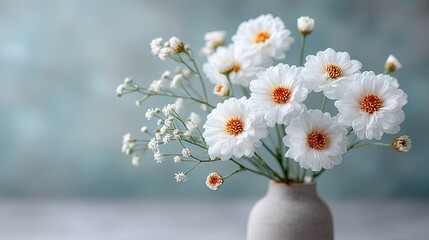 Macro photo of delicate white daisies with bright yellow centers and small white baby's breath flowers in a simple vase against a soft blue textured background with soft lighting