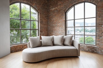 Fototapeta premium Curved sofa with plush cushions sits in an industrial loft with large windows.
