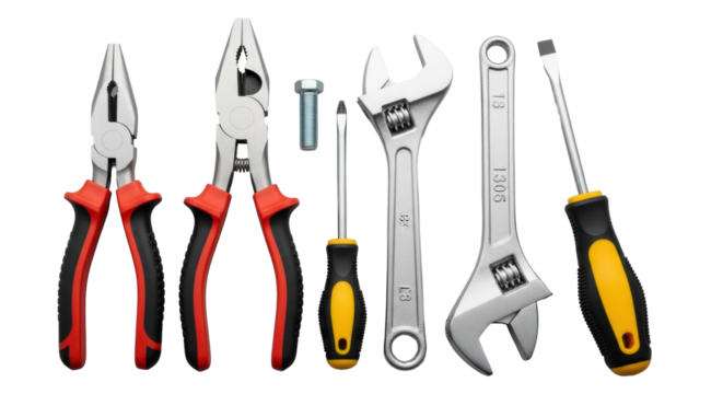 Industrial-grade pliers, screwdrivers, and wrenches, with vibrant rubberized handles and a chrome hex bolt, precisely fanned on a transparent studio background. Commercial tool advertising