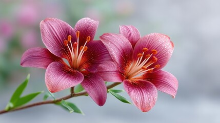 Macro Photo Of Two Vibrant Fuchsia Lilies With Stripes And Water Droplets Sparkling In Soft Light Against A Blurred Background