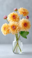 Macro Photo of Yellow Chrysanthemums in a Glass Vase with Soft Lighting and a Light Gray Background