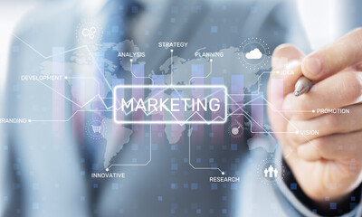 Obraz premium Marketing Strategy and Development Concept Illustrated on Virtual Interface.