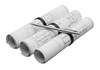 Three perfectly rolled architectural blueprints with blue line drawings, secured with black straps, and a chrome drafting pen on a transparent background, concept of precision in architecture and