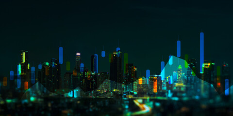 Digital Financial Analytics Displayed over Night City Skyline.