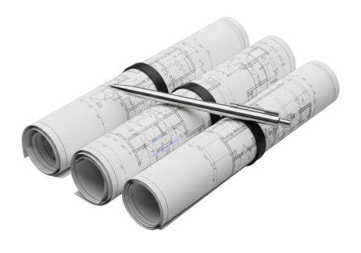 Three perfectly rolled architectural blueprints with blue line drawings, secured with black straps, and a chrome drafting pen on a transparent background, concept of precision in architecture and