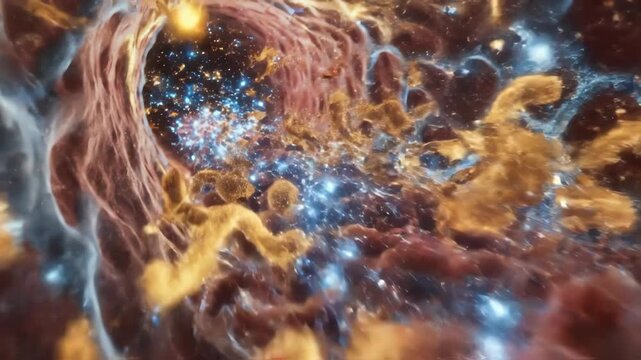 Blood entering the glomerulus, red cells surging through a glowing mesh of capillaries, proteins separating in dazzling light