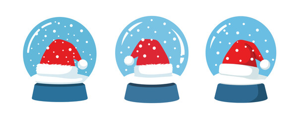Three cartoon snow globes with Santa hats inside, set against a snowy blue background.