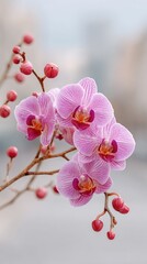 Macro Photograph of Delicate Pink Phalaenopsis Orchids with Striped Petals and Small Red Buds Soft Bokeh Background in Natural Light