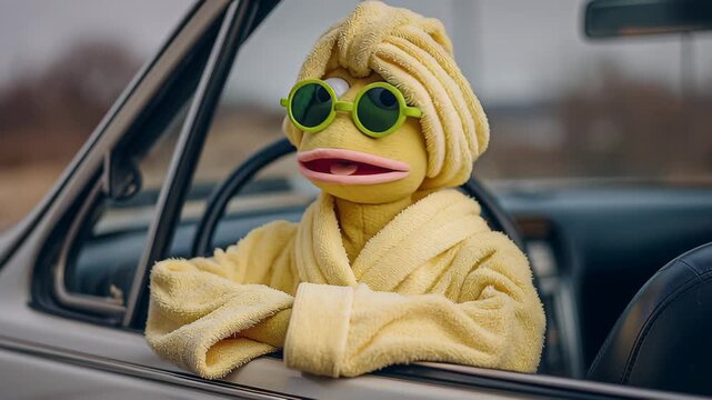 Colorful puppet character in a yellow bathrobe and green sunglasses, relaxing in a car, showcasing a playful and whimsical atmosphere, camera pans slightly to capture the scene's charm