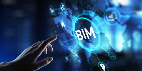 BIM Building Information Modeling for Construction Efficiency, projection on a virtual screen, Business and Technology Concept.