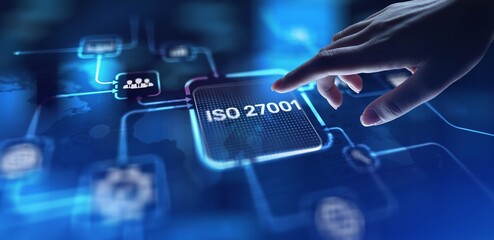 ISO 27001 Information Security Management System Standards, projection on a virtual screen,...