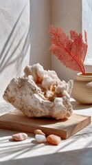 Macro shot of intricate white coral texture bathed in warm sunlight casting delicate shadows on a speckled background creating a serene spa-like atmosphere