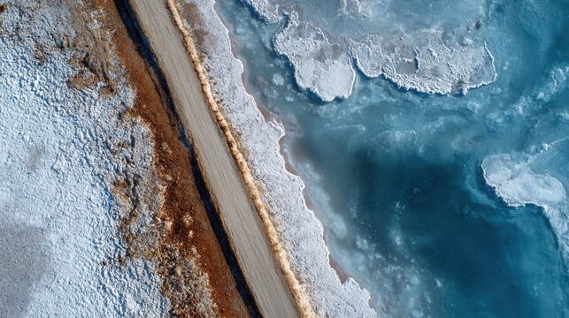 Aerial View of Ancient Salt Lake Shoreline with Road and Blue Water - Powered by Adobe