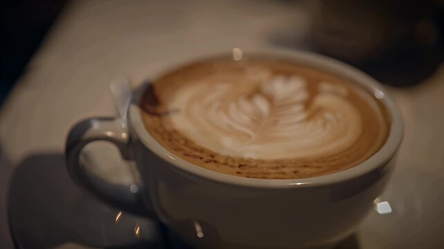 Close-up of a hot latte with intricate latte art in a ceramic cup resting on a saucer