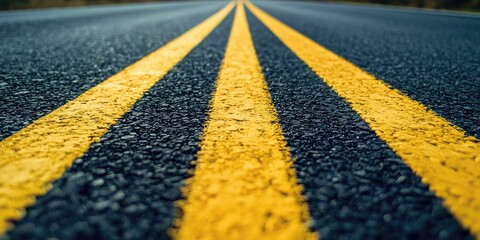 Two yellow road markings on a black asphalt road, with a blurred background.