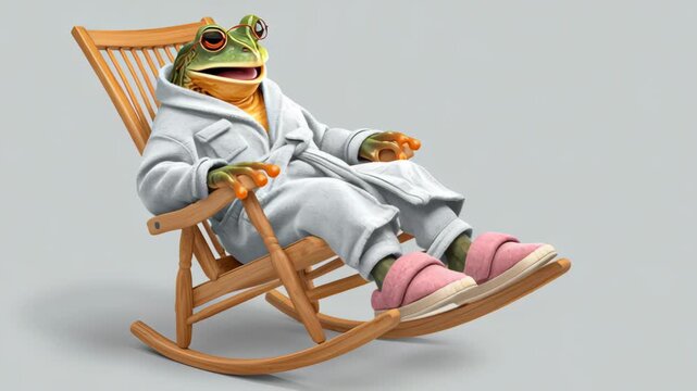 Relaxed frog character in cozy robe and slippers, enjoying a leisurely moment in a rocking chair, with gradual smile and movement, showcasing comfort and tranquility in a whimsical setting