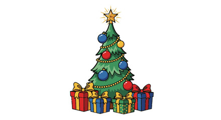 Festive Christmas Tree Decorated with Ornaments and Surrounded by Gift Boxes