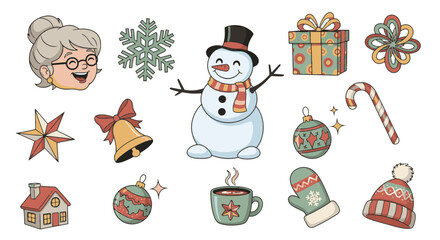 Christmas and Winter Holiday Icons and Illustrations Snowman, Gifts, Ornaments, and More