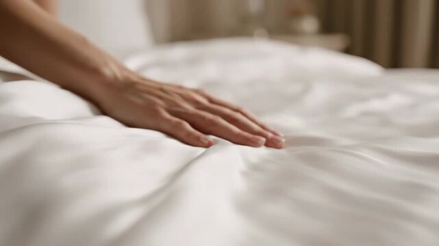 A person's hand gently touches luxurious, soft white bed linen, highlighting comfort.