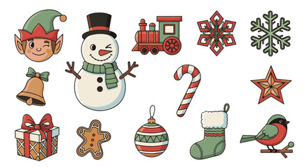 Whimsical Christmas Icons Snowman, Elf, Train, Stocking, Presents & More Festive Illustrations