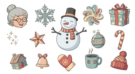 Cheerful Christmas and Winter Holiday Icons Featuring a Snowman, Present, and Festive Ornaments